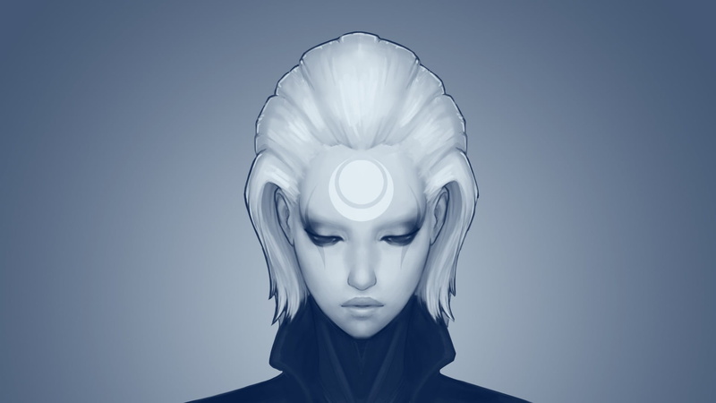 League of Legends, front view, one person, 1080P, human face, copy space, indoors, Diana, women, colored background, league, wall - building feature, blue background
