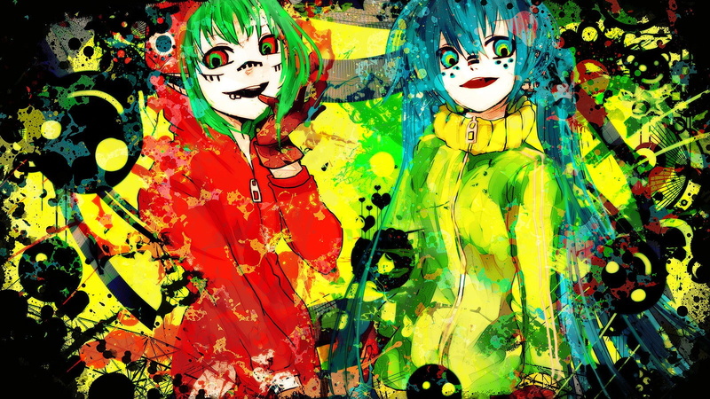 anime girls, paint, 720P, multi colored, backgrounds, anime, Megpoid Gumi, Vocaloid, day, art and craft, indoors, messy, Hatsune Miku, no people, full frame