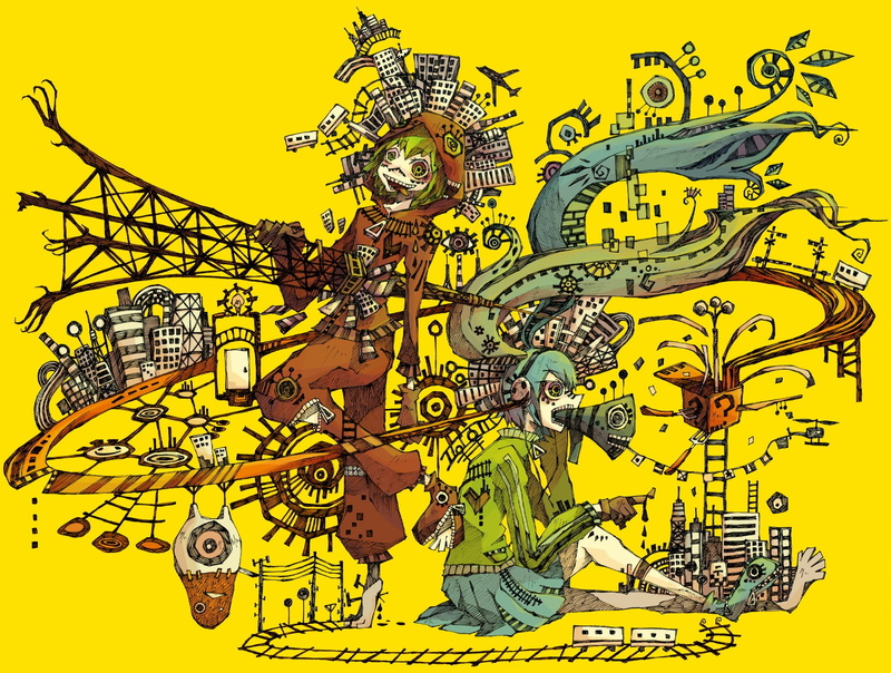 mammal, outdoors, Hatsune Miku, architecture, yellow, craft, 720P, Megpoid Gumi, art and craft, technology, human representation, creativity, representation