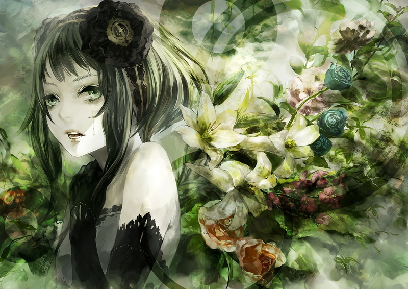 leaf, real people, retail, anime, front view, plant part, plant, representation, store, tears, human representation, anime girls, retail display, hairstyle