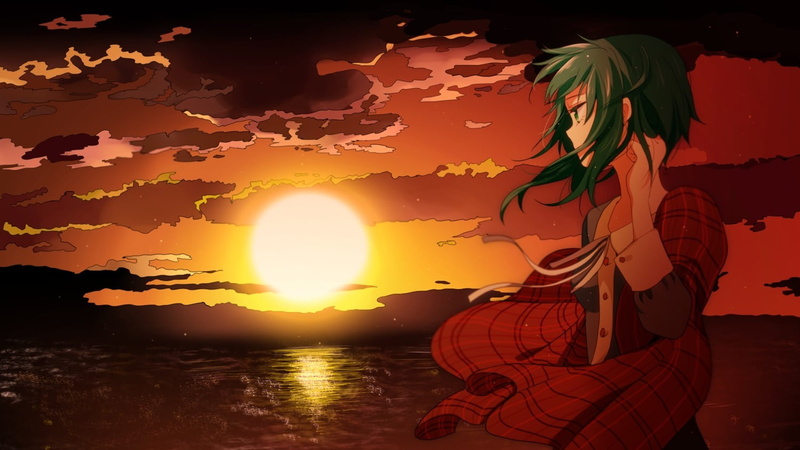 anime, orange color, water, real people, sunlight, hairstyle, Vocaloid, sky, Megpoid Gumi, beauty in nature, one person, Sun, standing, women, lifestyles