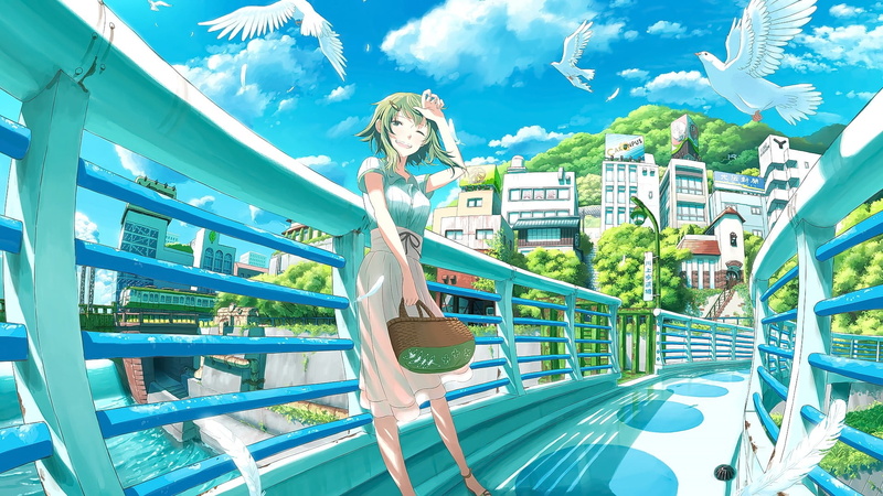 looking away, anime, beauty, anime girls, 1080P, railing, smiling, built structure, leisure activity, sunlight, animals, outdoors, one person, women, lifestyles