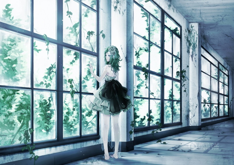 anime, dress, Vocaloid, Megpoid Gumi, green hair, 720P, window