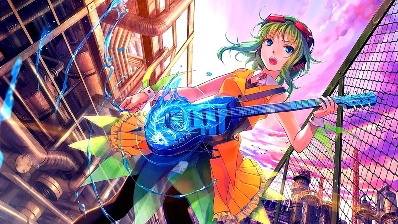 Vocaloid, looking away, 1080P, blue eyes, guitar, anime, short hair, Megpoid Gumi, green hair, anime girls