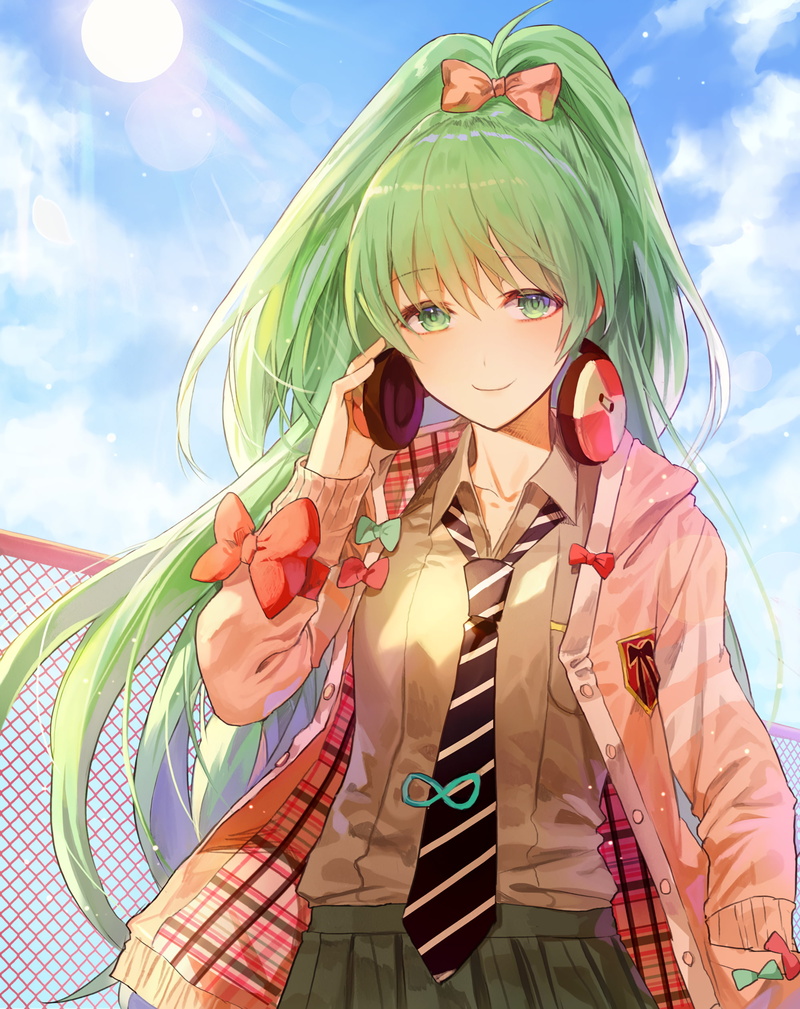 cloud - sky, day, green hair, Megpoid Gumi, leisure activity, low angle view, front view, Vocaloid, green eyes, anime, multi colored, outdoors, holding