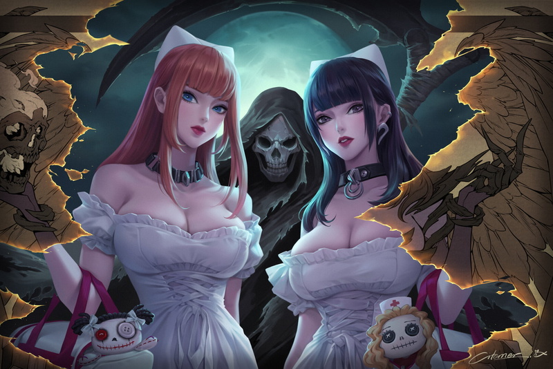 blue eyes, collar, white clothing, scythe, drawing, long hair, puppets, death, hair accessories, two women, skeleton, looking at viewer, 1080P, cleavage
