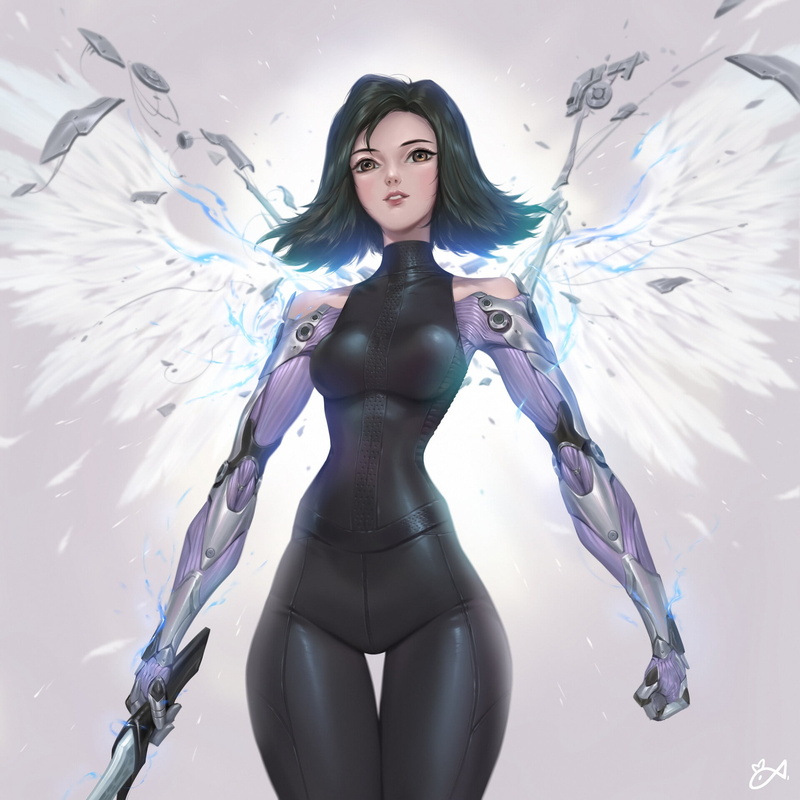 Look, by Citemer Liu, Alita: the Battle angel, Art, Brunette, Cyborg, Citemer Liu, 1080P, Alita, Sword, Wings, Alita: Battle Angel, Eyes, Artist