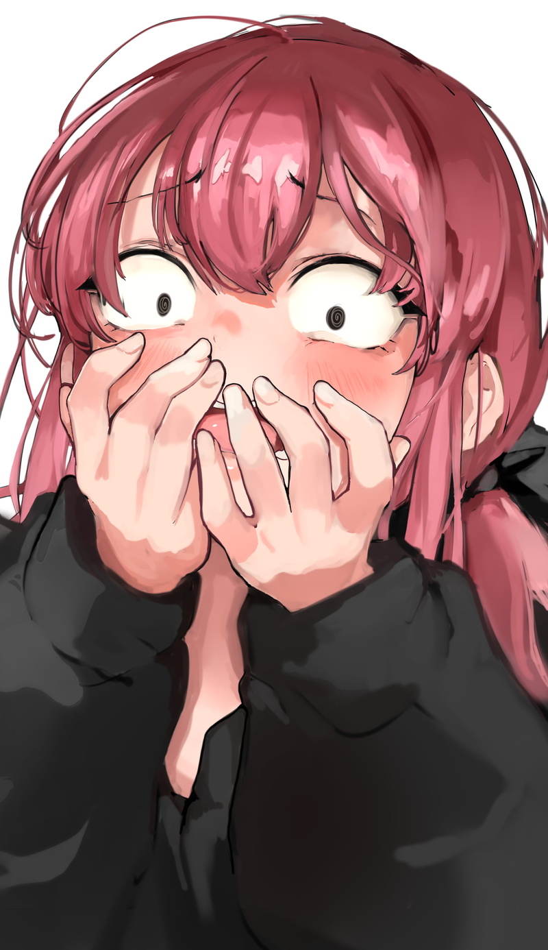 black coat, fan art, wig, femboy, pink eyes, embarrassed, vertical, Crossdress, hair in face, Hitohito Tadano, bangs, Komi-san wa, crossdressing, 2K, simple background