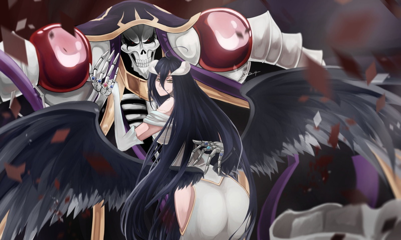 characters, albedo, overlord, long, couple, girl, hair, series, ooal, 2K, male, gown, anime, and, ainz