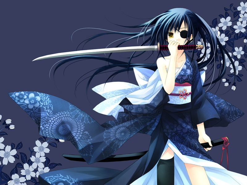 720P, Katana, Ninja, Eye Patch, Blue, Girl, Gintama, Samurai, Kimono, Anime, Yagyuu Kyuubei