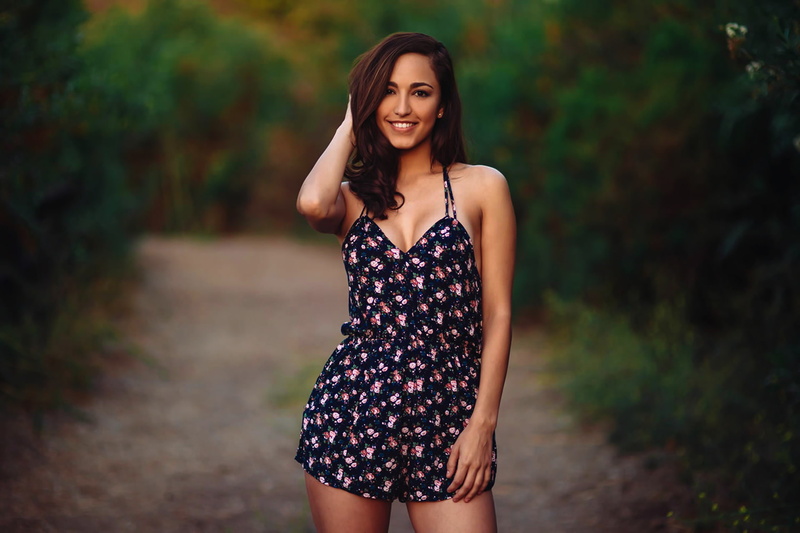 white, strap, rompers, Hair, Legs, Ashlee Ariaz, Model, black, Forest, s, Drees, women, Beauty, floral, Smile, pink, 1080P, View, spaghetti, Girl