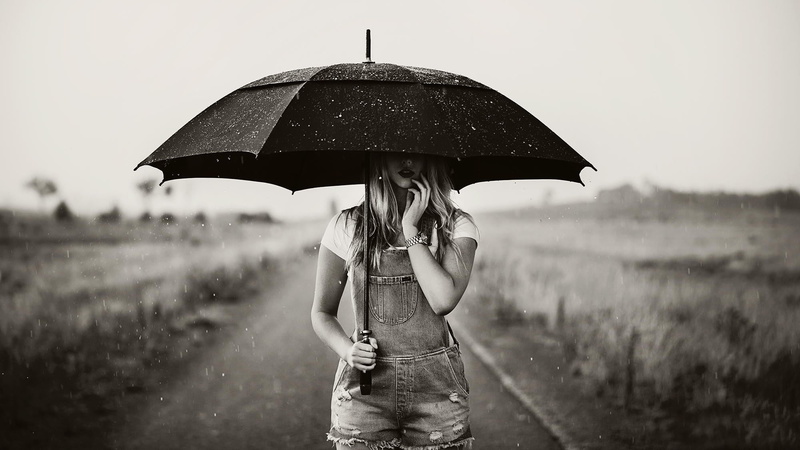 emotion, nature, hairstyle, outdoors, wet, rainy season, model, shorts, 1080P, s, women, romper, adult, hair, front view, water, monochrome, umbrella
