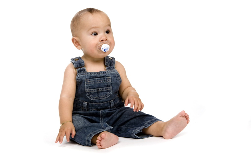 s, young, boys, small, portrait, baby, full length, front view, happiness, pacifier, mouth open, cut out, innocence, joy, cute, rompers, one Person, white Background