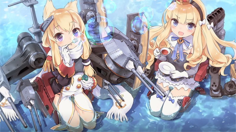 gloves, open mouth, 1080P, long hair, water, Azur_Lane, Kantai Collection, blonde, anime