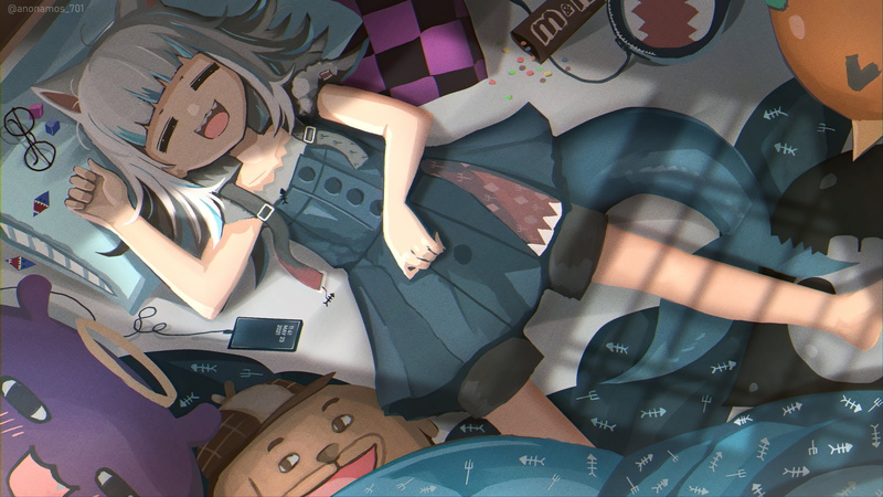 anime, shorts, candy, artwork, Virtual Youtuber, stuffed animals, Gawr Gura, blankets, long hair, pillow, bangs, shark teeth, open mouth, 5K, sleeping