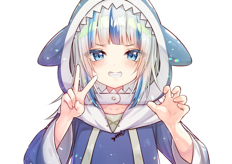 peace sign, 2K, Hololive, blue eyes, shark, multi-colored hair, blue hoodie, Gawr Gura
