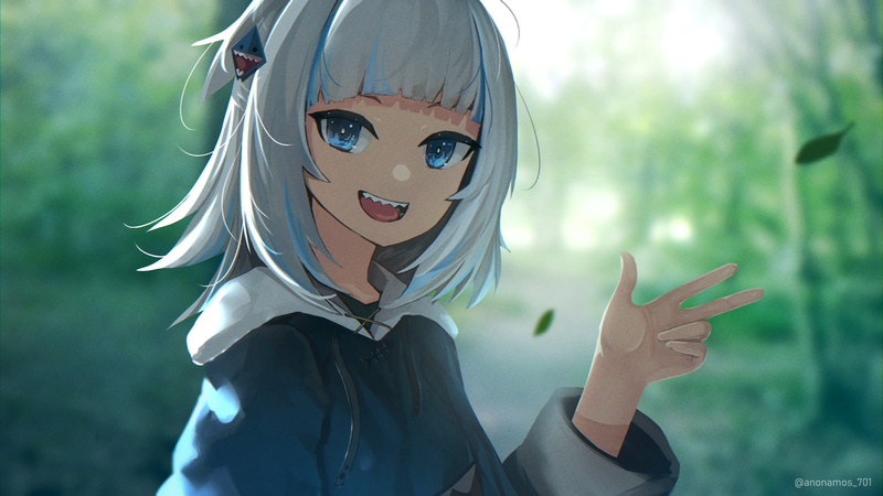 Virtual Youtuber, 2D, fan art, Gawr Gura, blue eyes, Hololive, bicolored hair, anime girls, digital art, open mouth, blue hoodie, anime, 2K