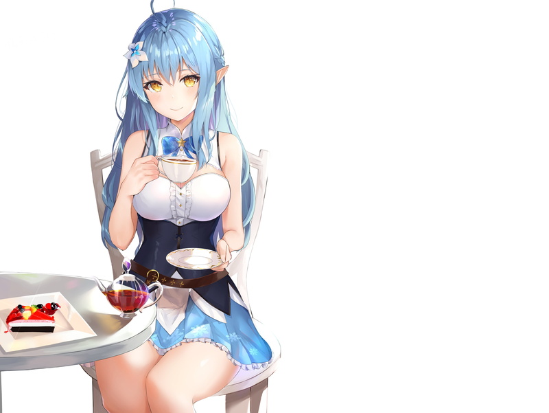 white, long hair, food, cake, fruit, corset, cleavage, skirt, Yukihana Lamy, thighs, pointed ears, aqua hair, drink, 2K, braids, yellow eyes
