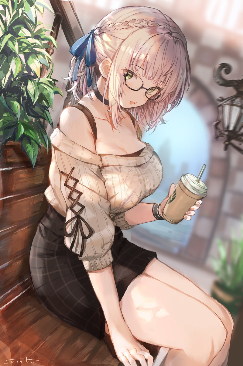 bench, sweater, plants, cleavage, blonde, 1080P, skirt, Sorotu, thighs, glasses, short hair, Hololive, lantern, Blue ribbons, drink, yellow eyes, Shirogane
