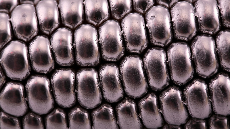 digital art, geometric shape, reflection, colored, minimalism, shiny, brown, silver, corn, repetition, close-up, macro, studio shot, indoors, pattern, extreme close-up