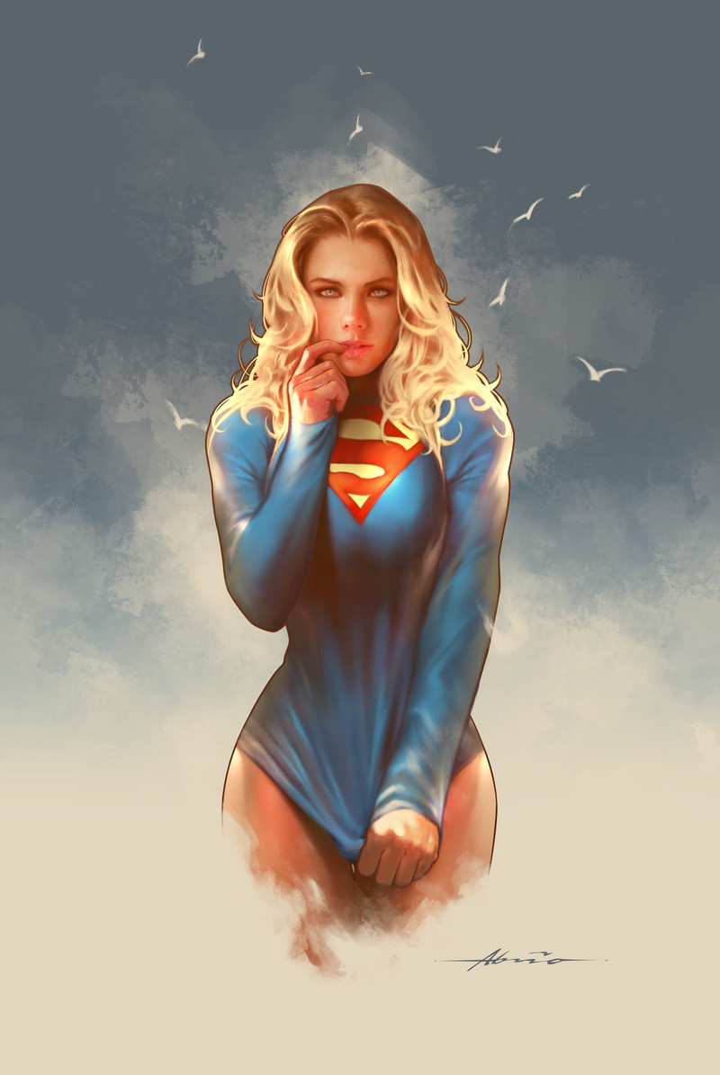women, long hair, comic art, 2K, finger in mouth, stretching, digital art, DC Comics, blue eyes, blonde, fan art, Supergirl