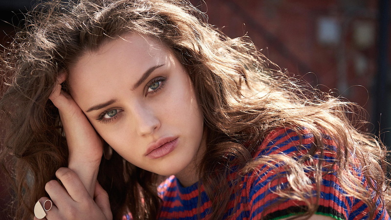 striped, face, curly hair, women outdoors, model, 1080P, long hair, katherine langford, brunette, actress, women