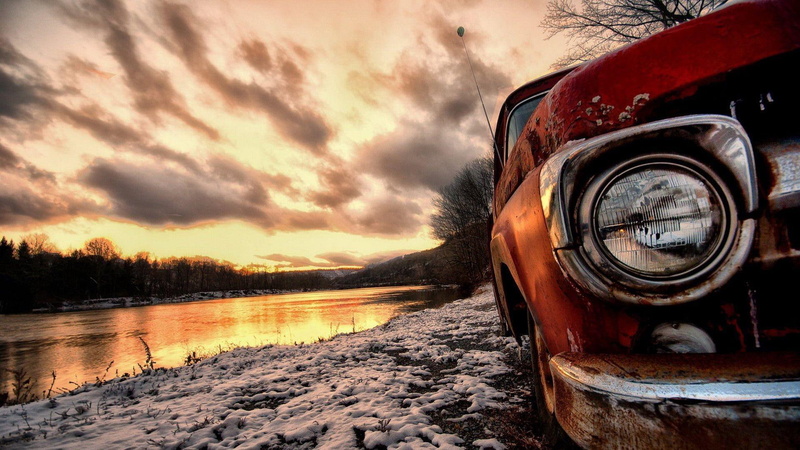 sky, old car, nature, photography, 1080P, vintage car, riverside, art