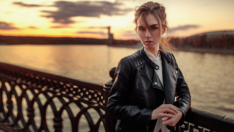 waist up, model, contemplation, Viktoria Vishnevetskaya, women, standing, Georgy Chernyadyev, hairstyle, riverside, young men, leather jackets, portrait