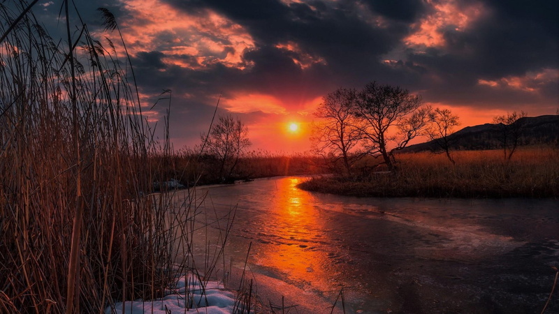 freezing, afterglow, 1080P, riverside, water, orange sky, sunset, reflection, river, evening, dusk, clouds, wetland, sun, winter, sky, frost, atmosphere