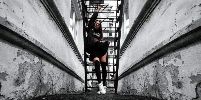 railing, sneakers, 1080P, outdoors, standing, direction, lifestyles, built structure, building exterior, casual clothing, steps and staircases, staircase