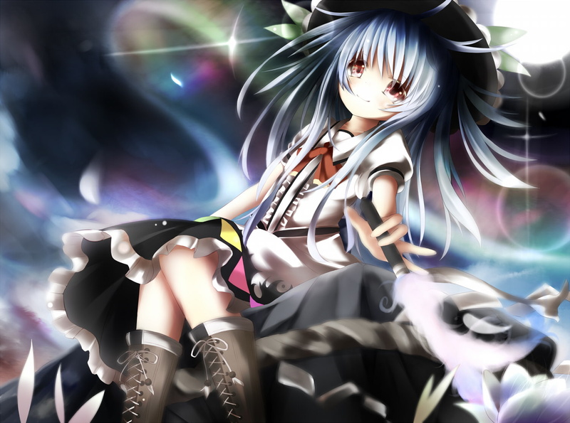 boots, dress, blue, upskirt, eyes, touhou, tenshi, skirt, sky, umagenzin, hat, hair, red, long, 720P, hinanawi