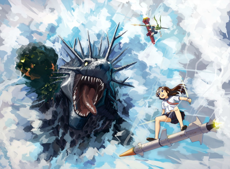 clouds, eyes, weapon, green, sword, spear, tie, 720P, blue, hair, original, upskirt, twintails, dragon, brown, seifuku, skirt, long
