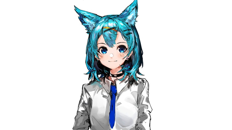 white background, one person, standing, minimalism, anime, anime girls, portrait, mask, blue eyes, front view, manga, turquoise hair, nekomimi, cut out