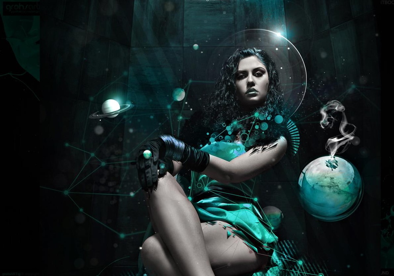 brunette, women, technology, night, smoke, fashion, adult, turquoise, machinery, hairstyle, photo manipulation, 480P, dark, long hair, clothing, green color