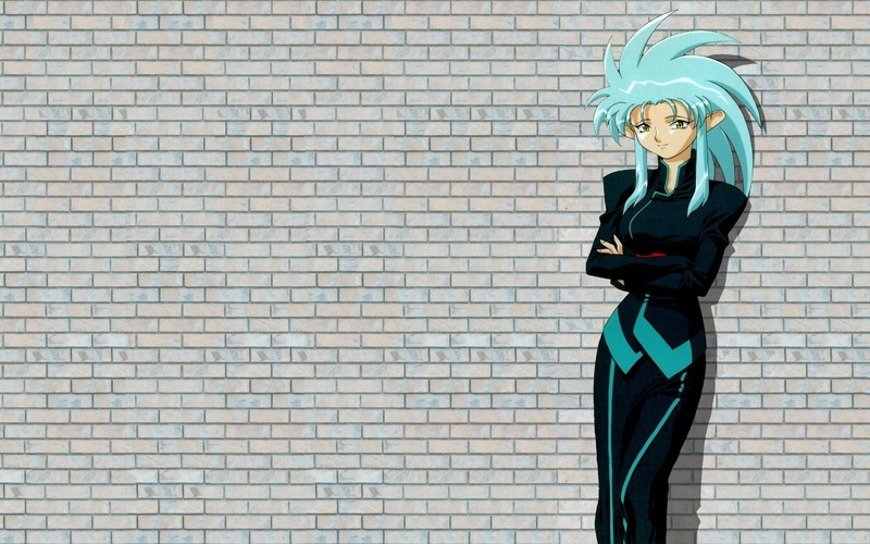 male likeness, anime, sculpture, Tenchi Muyo!, copy space, architecture, three quarter length, fashion, art and craft, turquoise hair, hairstyle, simple background