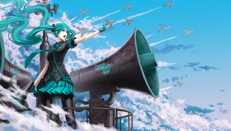 no people, turquoise colored, twintails, long hair, day, anime girls, low angle view, female likeness, turquoise, creativity, outdoors, clouds, statue