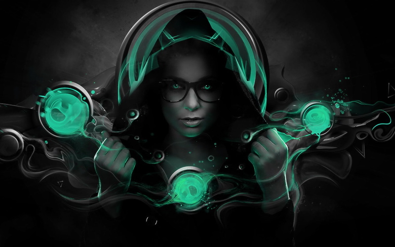 hood, 1080P, graphic design, green, women, green eyes, glasses, digital art, turquoise