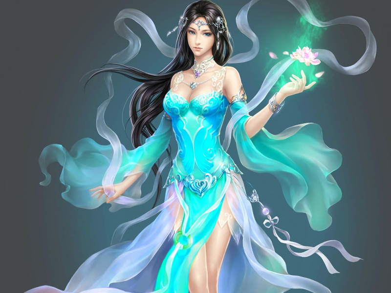 Fantasy, dress, studio shot, abstract, adult, illuminated, Turquoise, beautiful woman, digital composite, 1080P, beauty, black background, hairstyle, clothing