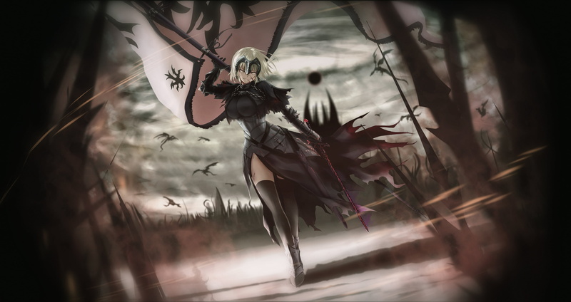 dragons, anime, Fate/Grand Order, fantasy girl, fantasy armor, 4K, Joan Of Arc, Avenger (Fate/Grand Order), fantasy art, weapon, war, flag, fantasy, girl