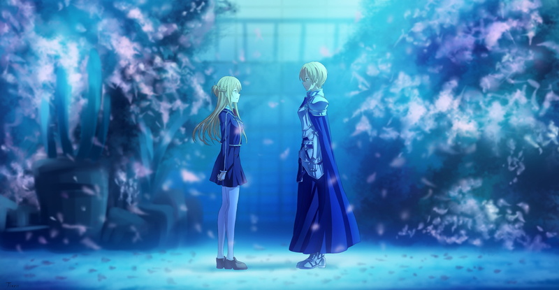 Fate/Prototype, Crossover, School Uniform, Sword Art Online: Alicization, Eugeo (Sword Art Online), Asuna Yuuki, Anime, Armor, Blonde, 2K