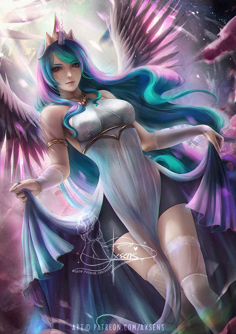 women, My Little Pony, looking at viewer, multicolored hair, drawing, Princess Celestia, crown, dress, turquise hair, wings, 720P, pink hair, axsens