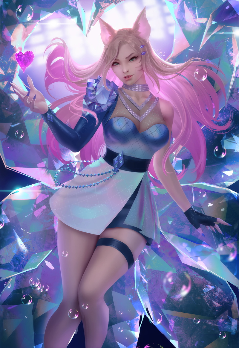 League of Legends, long hair, fantasy girl, women, kda, illustration, multi-colored hair, K/DA, fantasy art, Ahri, fan art, 4K, blonde, video games, video game characters