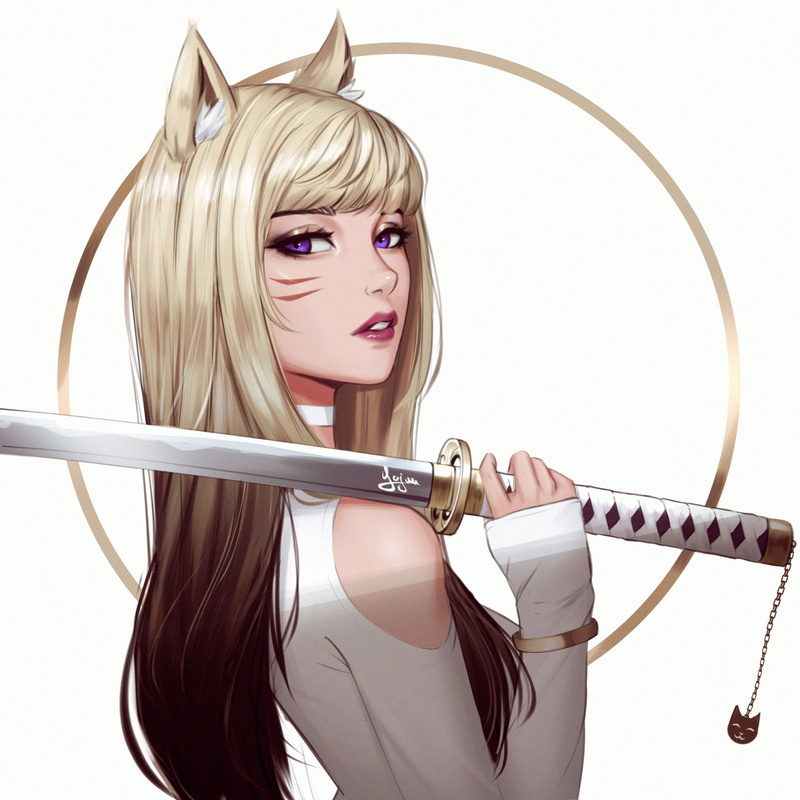 blonde, fox girl, Ahri (League of Legends), digital art, katana, Riot Games, purple eyes, KDA Ahri, artwork, video games girls, illustration, fan art, Yajuu