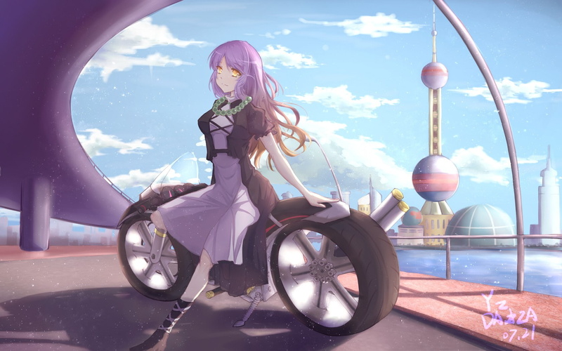 Touhou, anime, vehicle, yellow eyes, women with motorcycles, anime girls, motorcycle, orange eyes, long hair, purple hair, multicolored hair, 720P, Hijiri Byakuren
