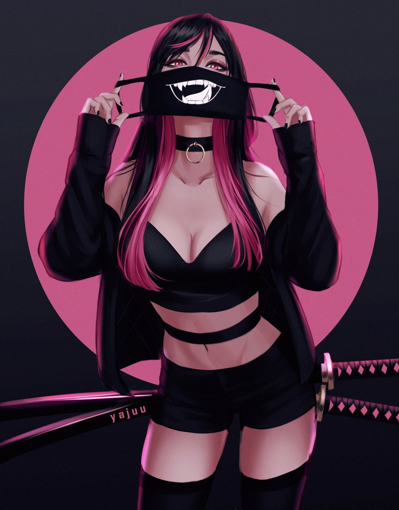jacket, illustration, women, artwork, digital art, multicolored hair, Yajuu, black hair, black jackets, mask, short shorts, katana, fan art, black shorts