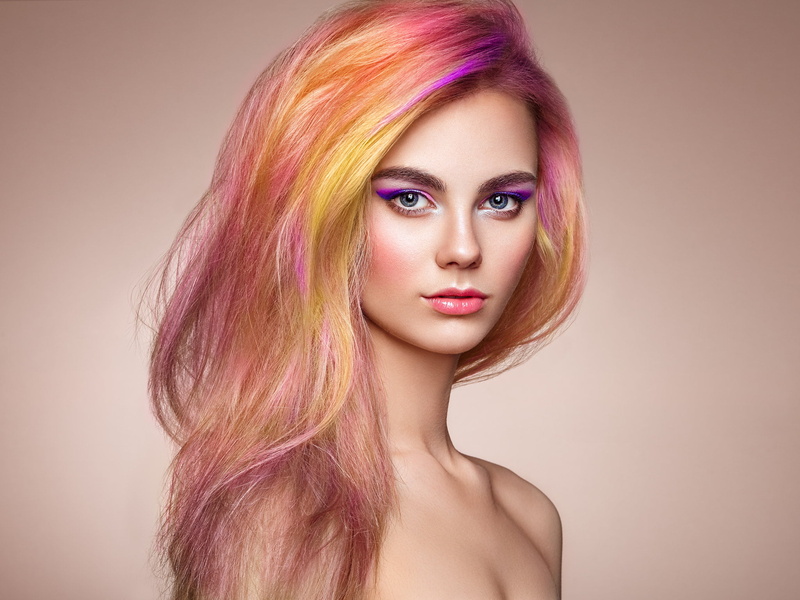 blush, multicolored hair, looking at viewer, 1080P, Oleg Gekman, glamour, lipstick, women, portrait, lip gloss, simple background, makeup