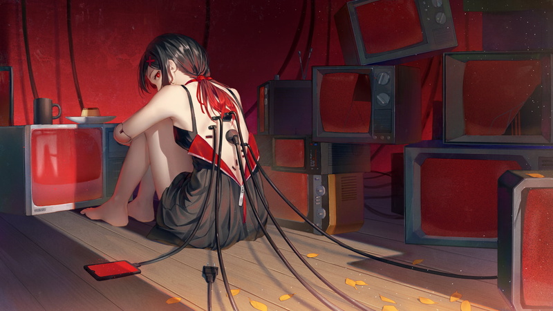 long hair, scrunchy, anime girls, anime, cup, television sets, petals, looking at viewer, red eyes, smartphone, TV, barrette, cyborg, multicolored hair