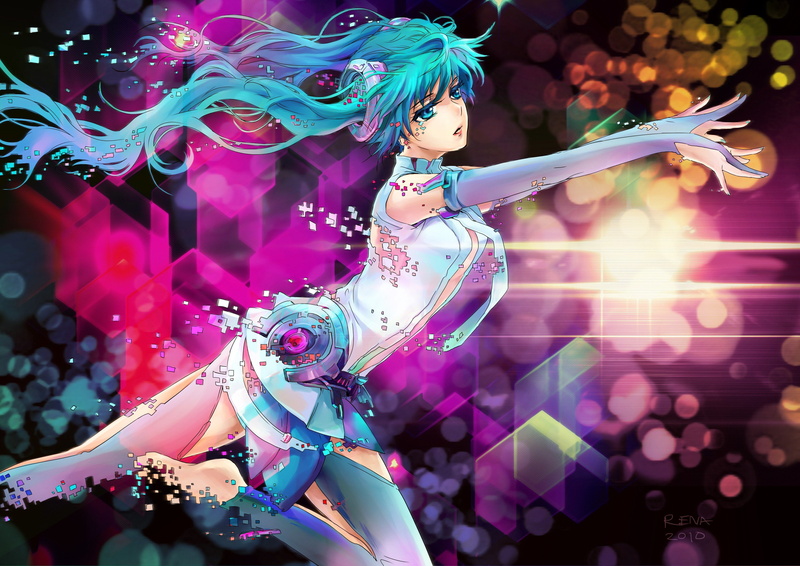 anime, vocaloid, tie, long, miku, thigh, eyes, highs, twintails, polish, gloves, abstract, hatsune, nail, dress, girls, append, blue, hair, 2K, multicolor