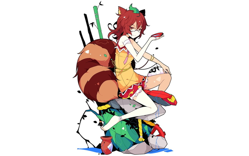 leaves, white, sitting, short, eyes, animal, tails, skirts, games, ears, glasses, tanuki, 1080P, red, stones, bracelets, hair, sake, multicolor, ideolo