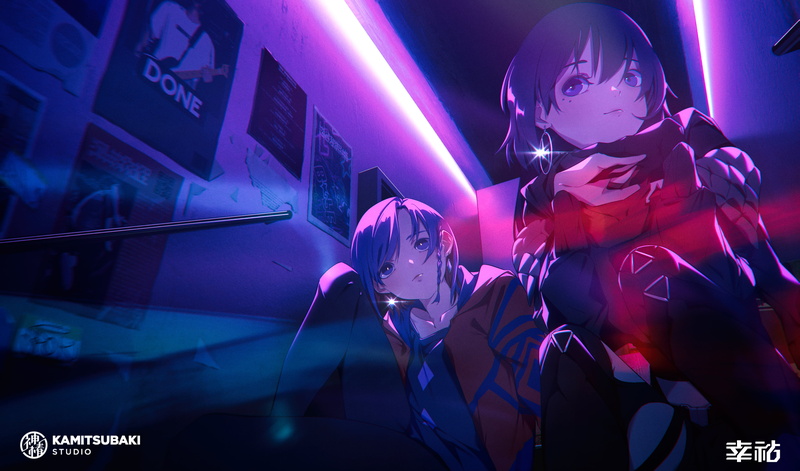 short hair, anime girls, jacket, 4K, blue hair, stairs, neon lights, multicolored hair, gloves, earring, anime, Virtual Youtuber